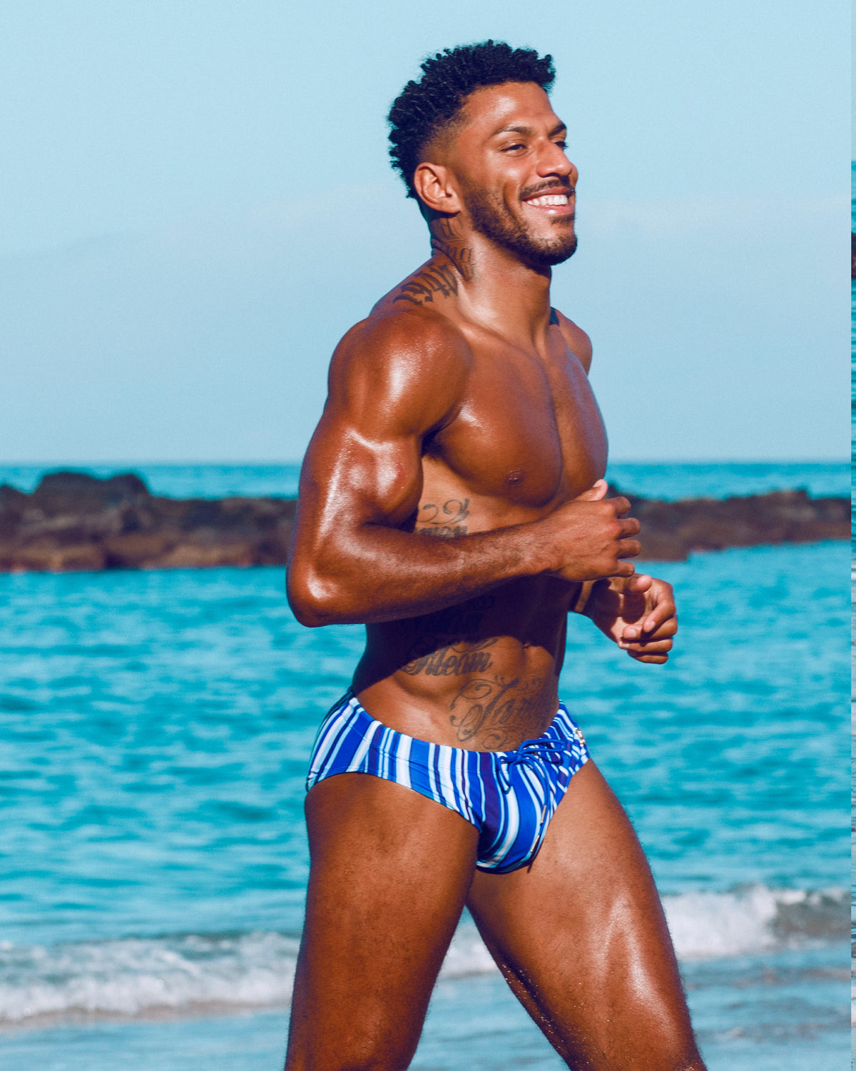 Bow Swim Brief | Decoded Stripe Blue | Bold Stripes, Gold Hardware