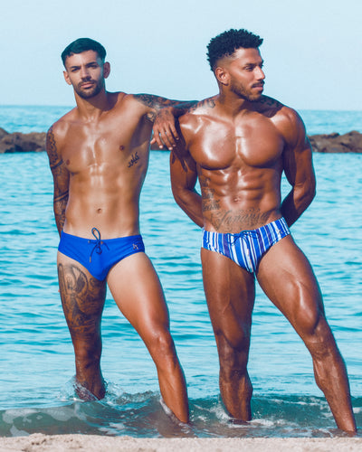 Bow Swim Brief | Decoded Stripe Blue | Bold Stripes, Gold Hardware