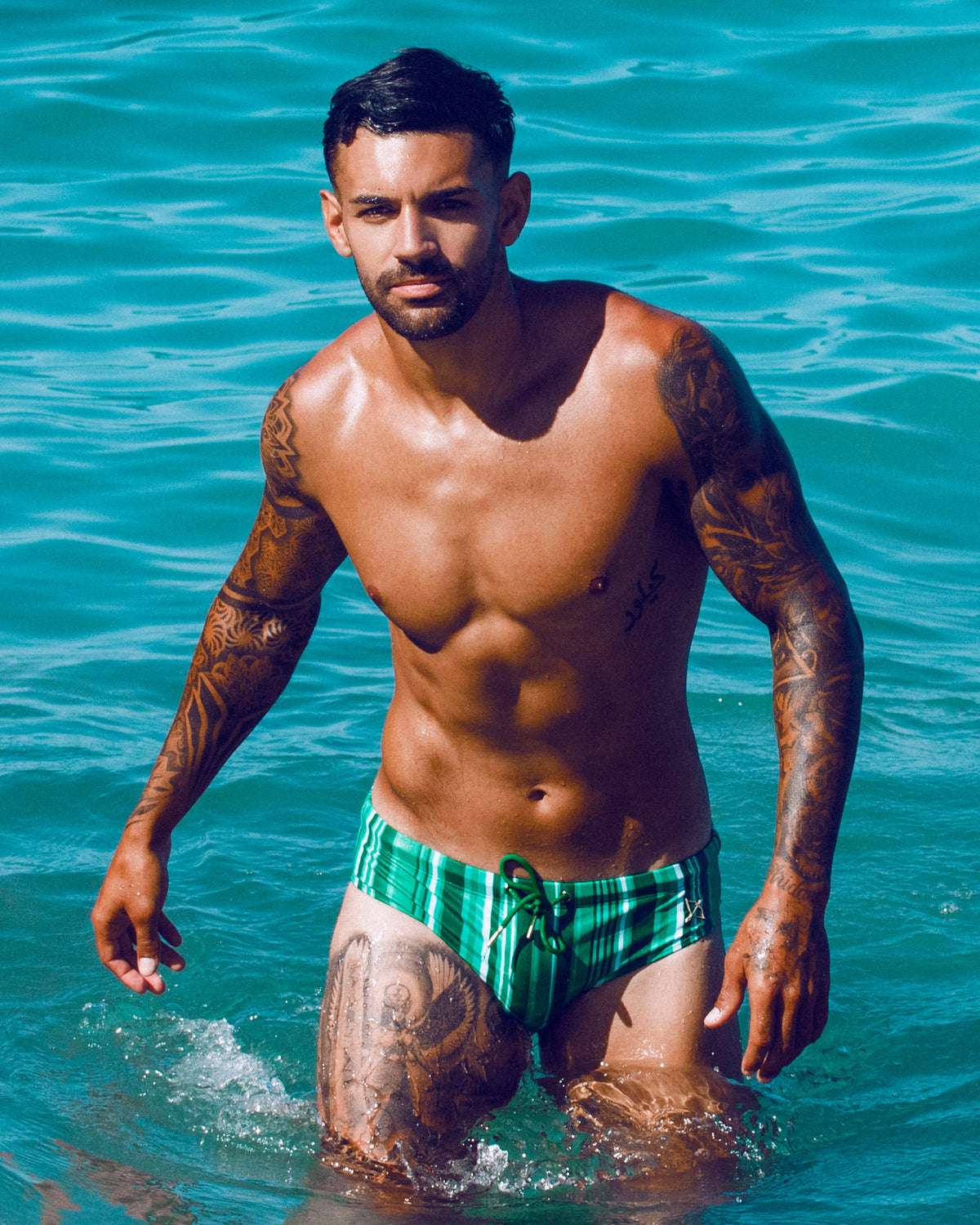 Bow Swim Brief | Decoded Stripe Green | Bold Print, Low-Rise Cut