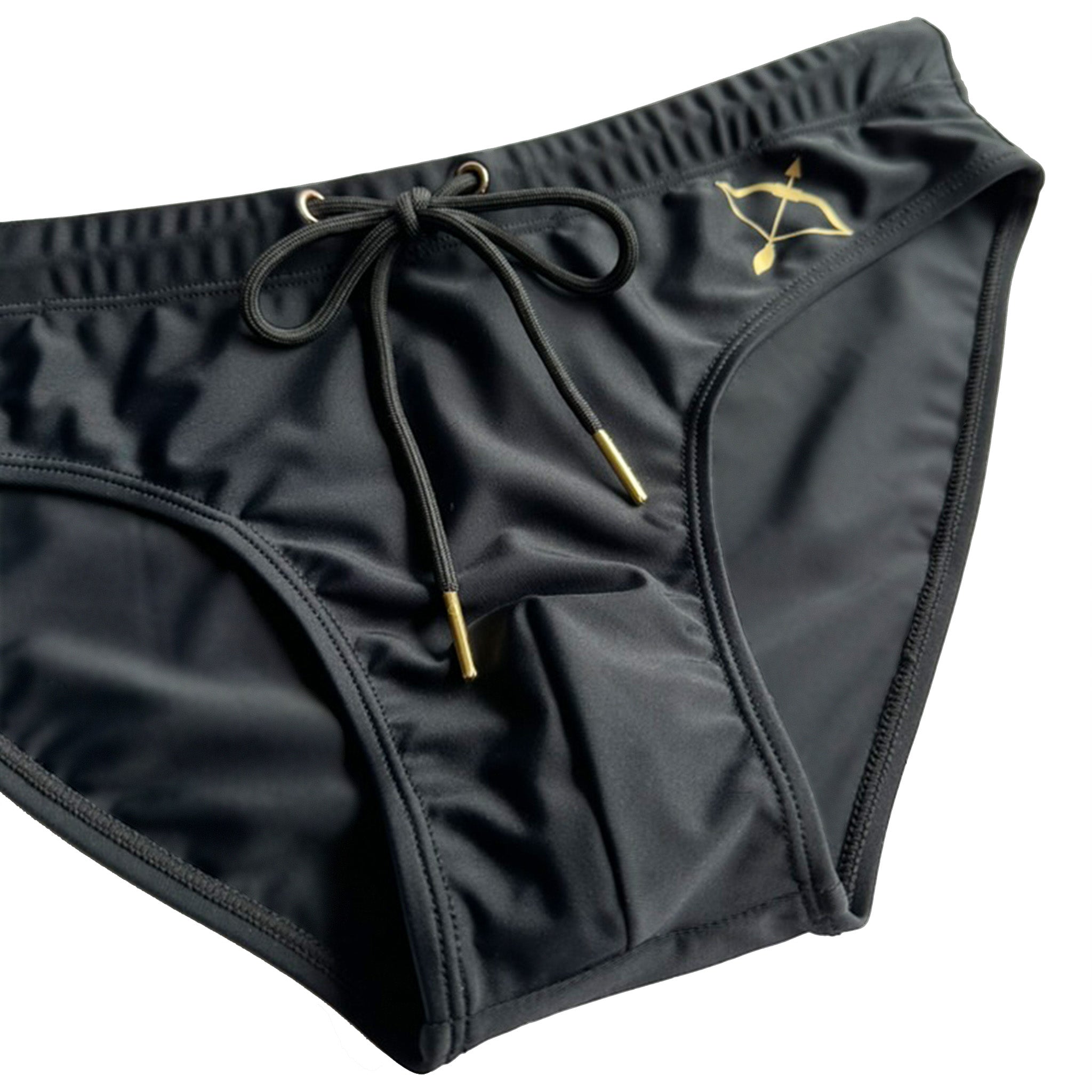 Black swimwear brief in midnight black colour flat lay angled shot